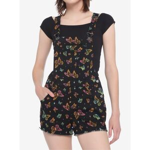 Hot Topic Shortalls Women’s Medium Denim Colorful Rainbow Butterfly Print
